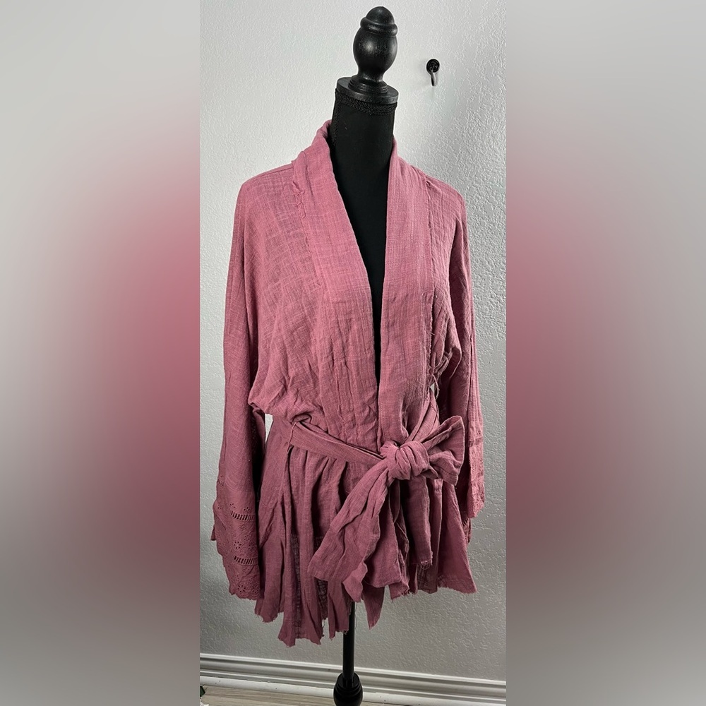 Kye Mi Women’s Pink Kimono Front Tie Cardigan Sz S Long Bell Sleeves Boho Chic